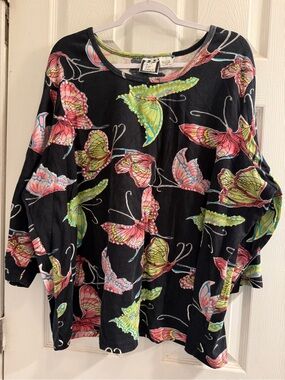 Take Two Scoop Neck Top Black with Pink & Lime Butterfly Print sequence on front